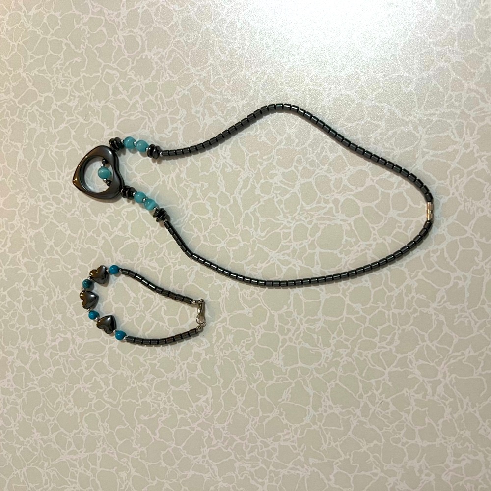 Hematite Necklace & Bracelet For Women both with pearls & hearts design - Picture 2 of 7